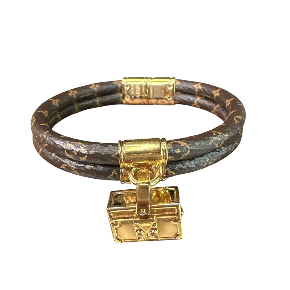 Louis vuitton Brown Leather Double-Wrap Bracelet with Gold Trunk Charm